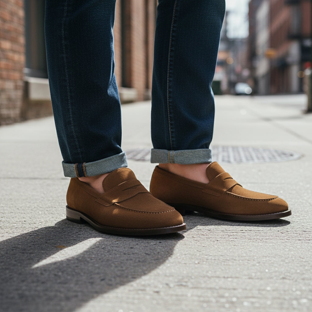 model-standing - Men's Beige Suede Moccasin Loafers