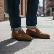 model-standing - Men's Beige Suede Moccasin Loafers