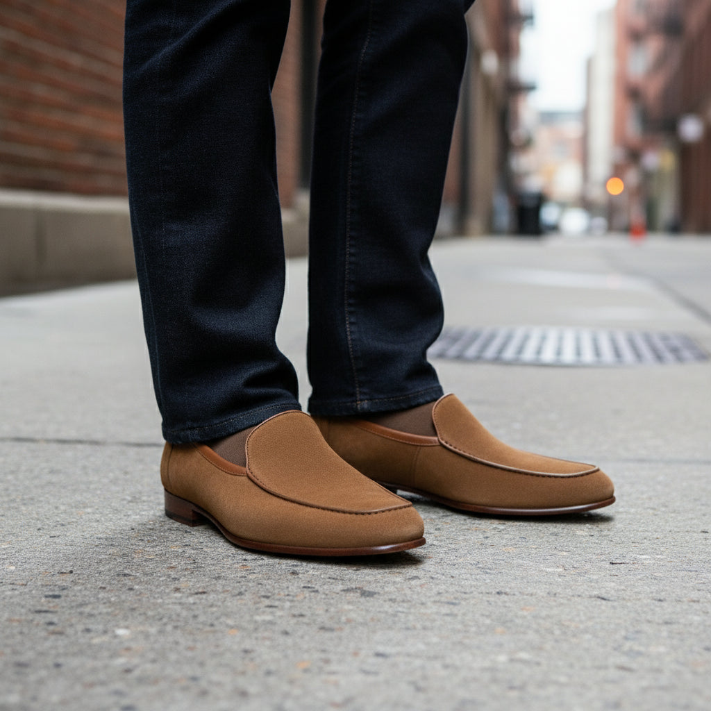 model-standing - Men's Beige Suede Slip-On Moccasins