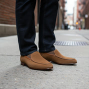 model-standing - Men's Beige Suede Slip-On Moccasins