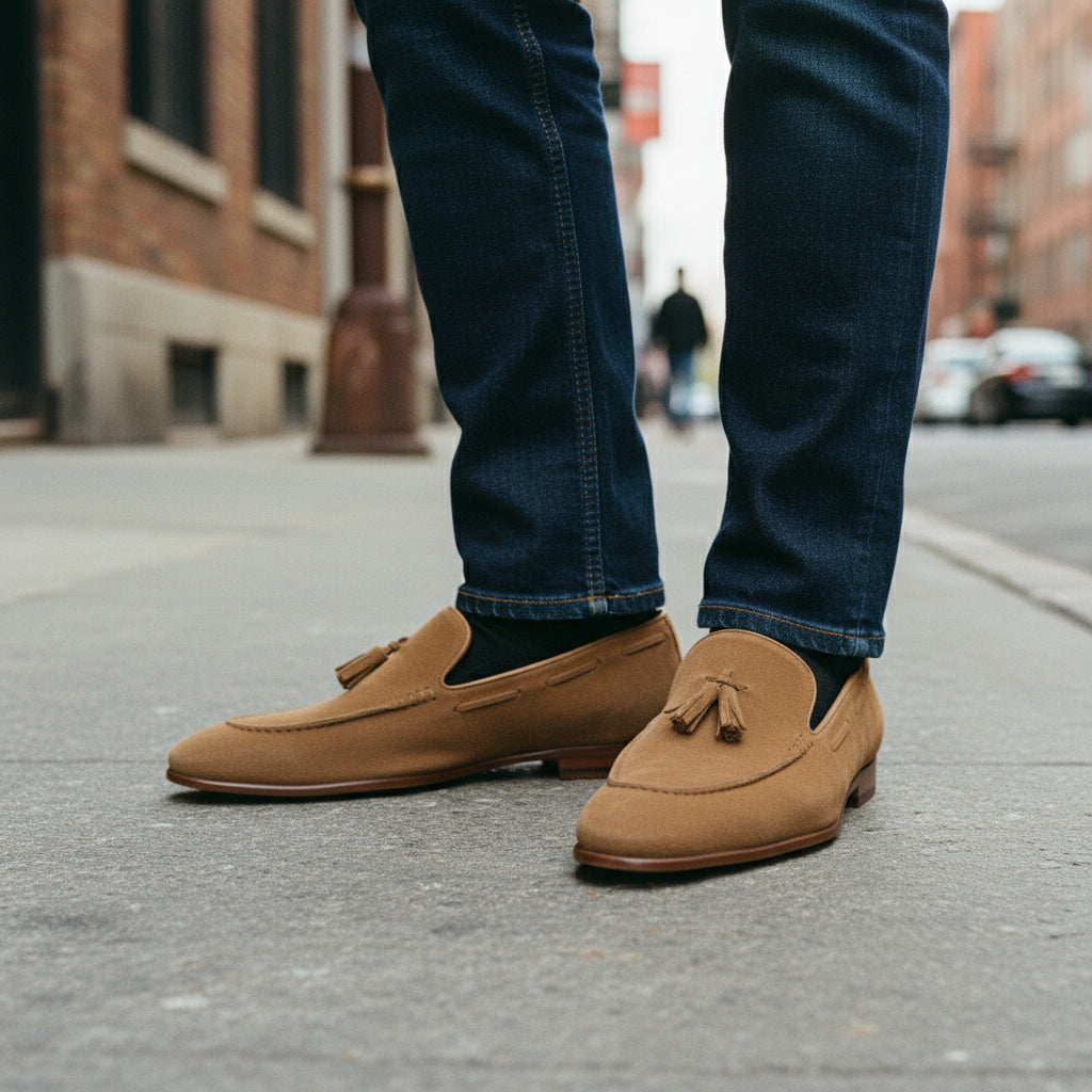 model-standing - Men's Beige Suede Tassel Loafers
