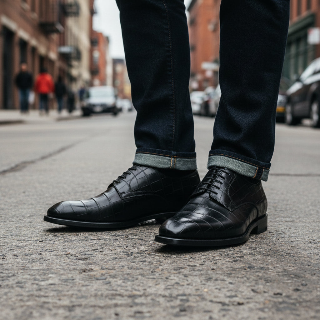 model-standing - Men's Black Alligator Leather Oxford Shoes
