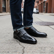 model-standing - Men's Black Alligator Texture Monk Shoes with Buckle