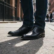 model-standing - Men's Black & Brown Leather Wingtip Dress Shoes