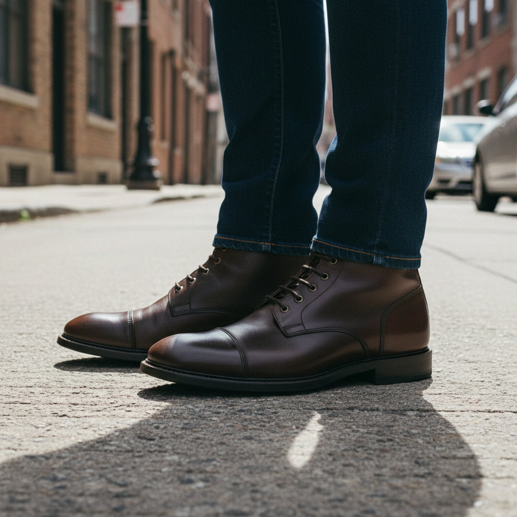 model-standing - Men's Black Cap-Toe Leather Ankle Boots