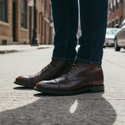 model-standing - Men's Black Cap-Toe Leather Ankle Boots