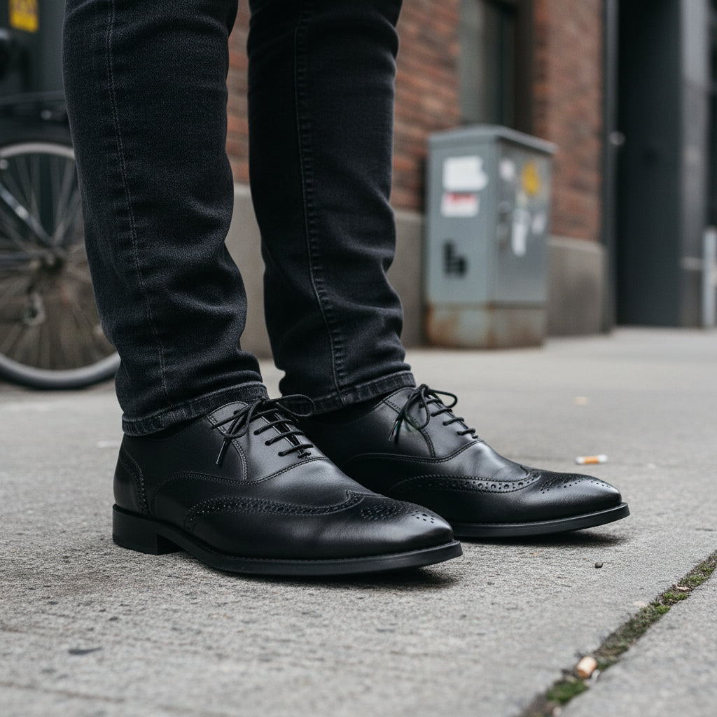 model-standing - Men's Black Cow Leather Wingtip Brogues Dress Shoes