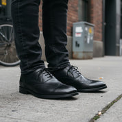 model-standing - Men's Black Cow Leather Wingtip Brogues Dress Shoes