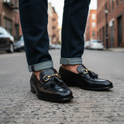 model-standing - Men's Black Crocodile Leather Fringe Moccasins