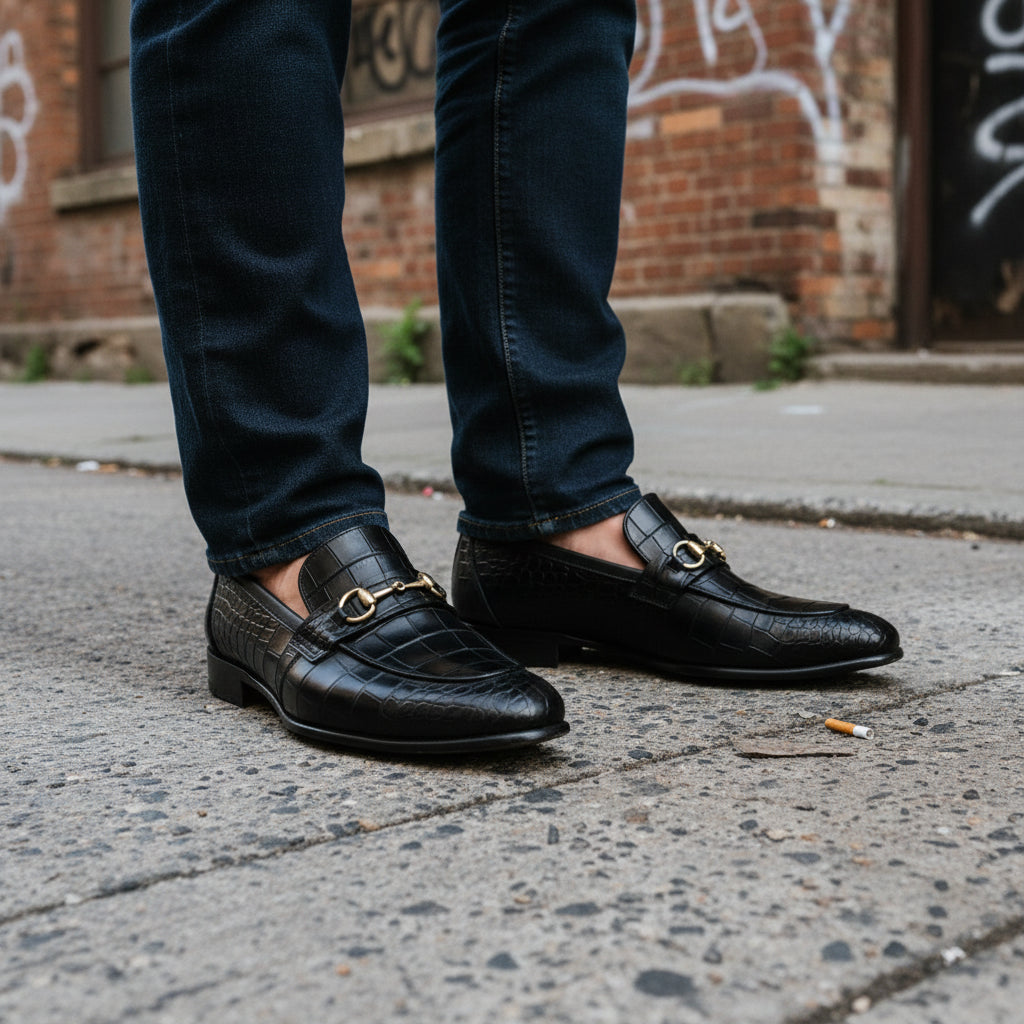 model-standing - Men's Black Crocodile Leather Moccasin Loafers