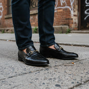 model-standing - Men's Black Crocodile Leather Moccasin Loafers