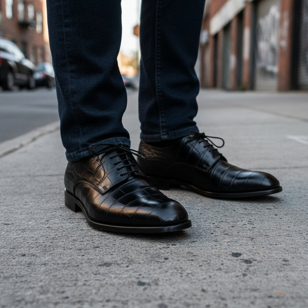 model-standing - Men's Black Crocodile Leather Oxford Shoes