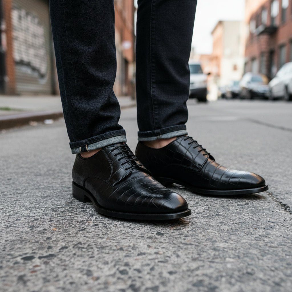 model-standing - Men's Black Crocodile Patterned Leather Oxfords
