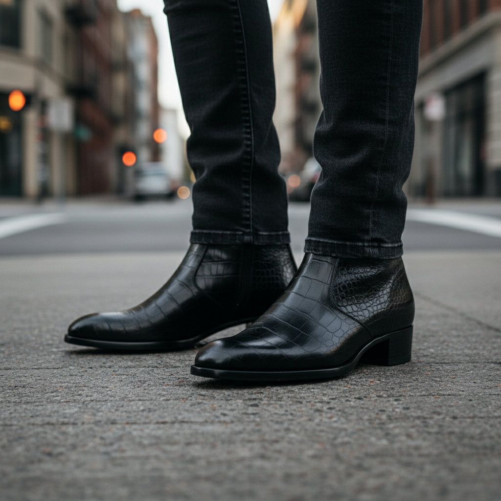 model-standing - Men's Black Crocodile Zipper Leather Boots