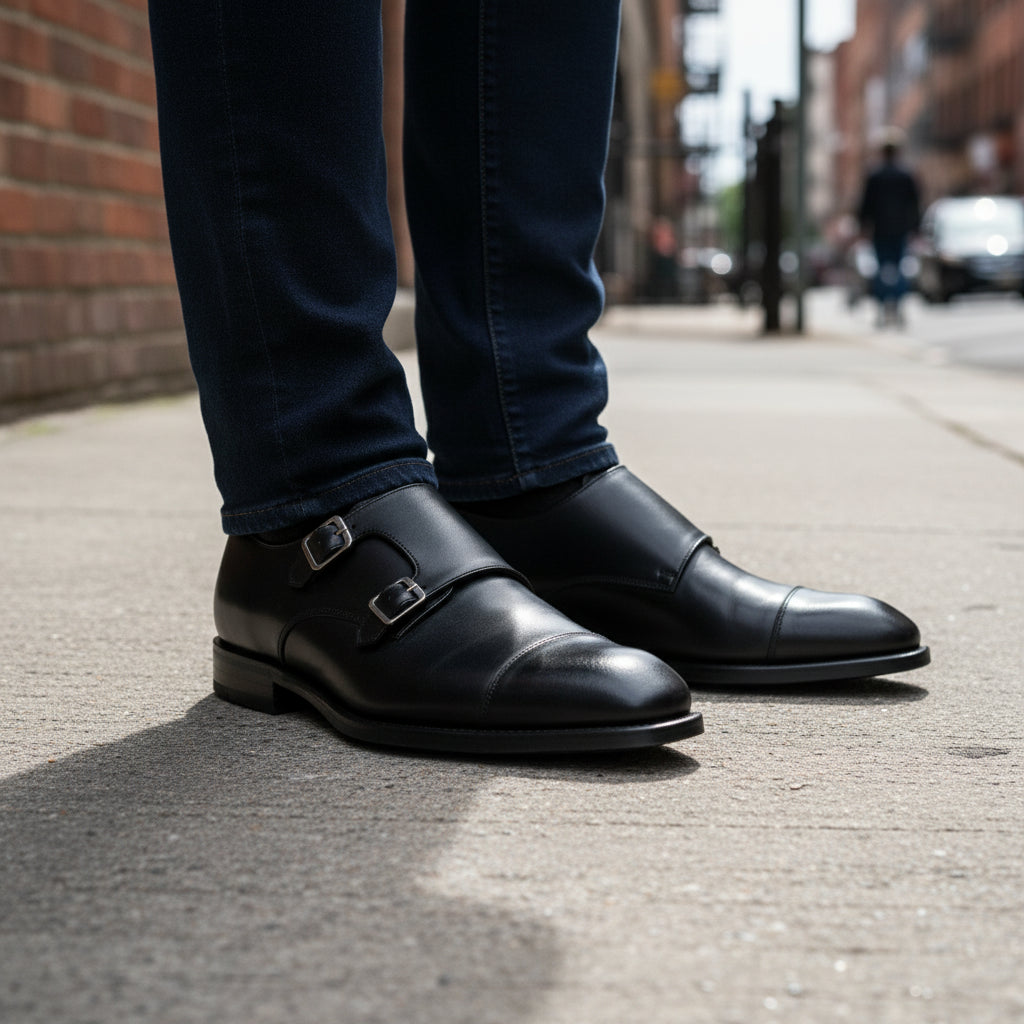 model-standing - Men's Black Double Monk Leather Dress Shoes