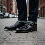 model-standing - Men's Black Double Monk Strap Leather Shoes