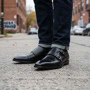 model-standing - Men's Black Double Monk Strap Leather Shoes