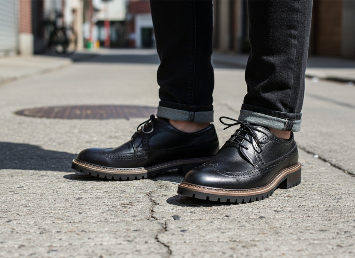 model-standing - Men's Black Genuine Leather Brogue Dress Shoes