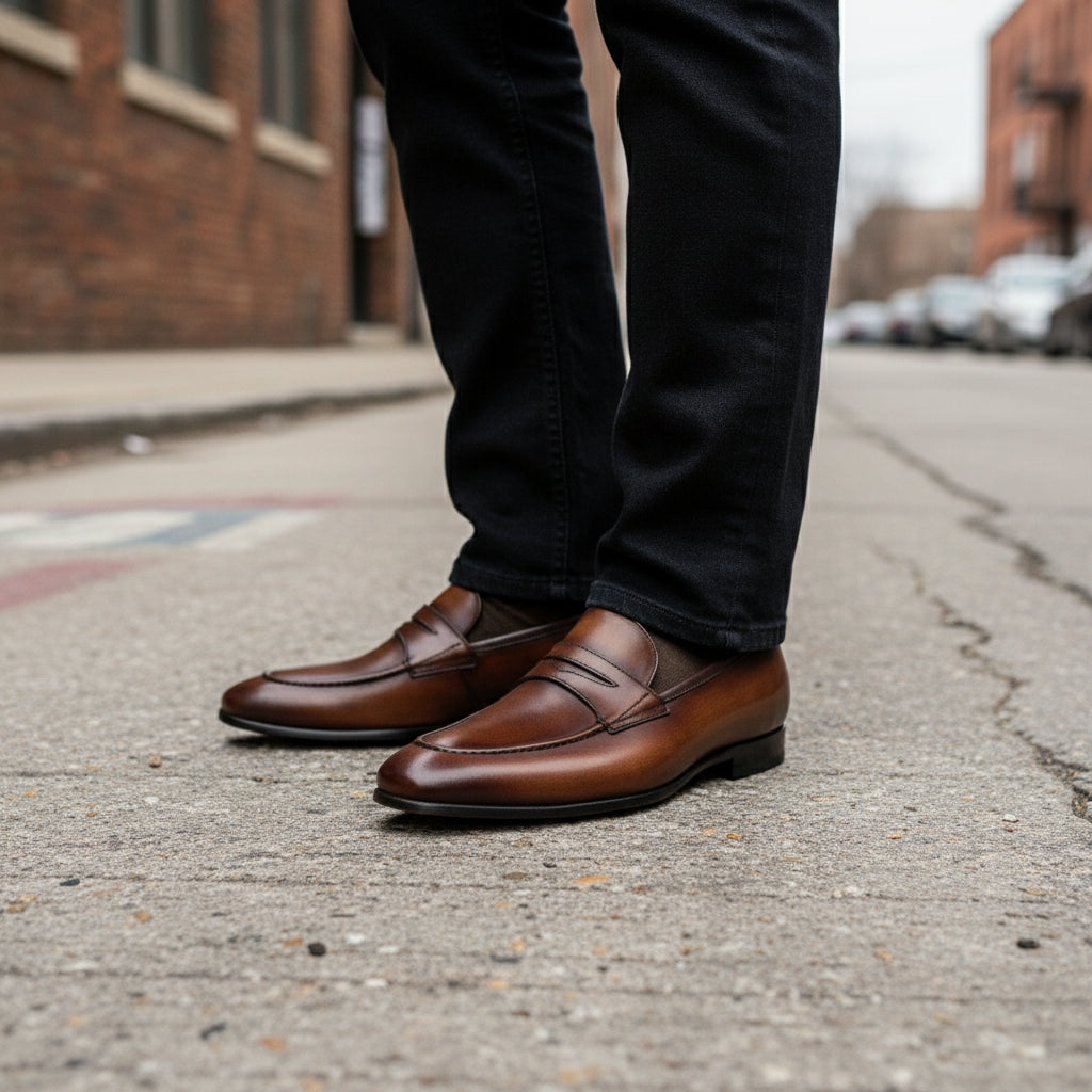 model-standing - Men's Black Genuine Leather Formal Penny Loafer Shoes