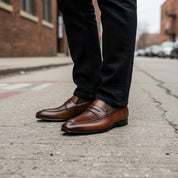 model-standing - Men's Black Genuine Leather Formal Penny Loafer Shoes