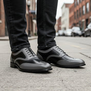 model-standing - Men's Black & Gray Leather Wingtip Formal Shoes