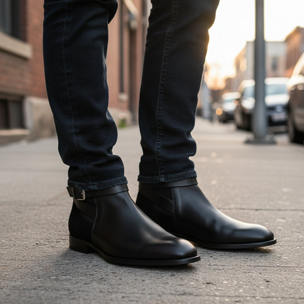 model-standing - Men's Black Leather Ankle Boots with Monk Closure