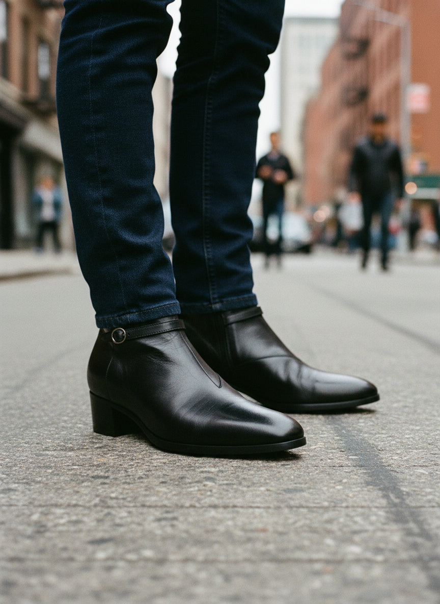 model-standing - Men's Black Leather Ankle Boots