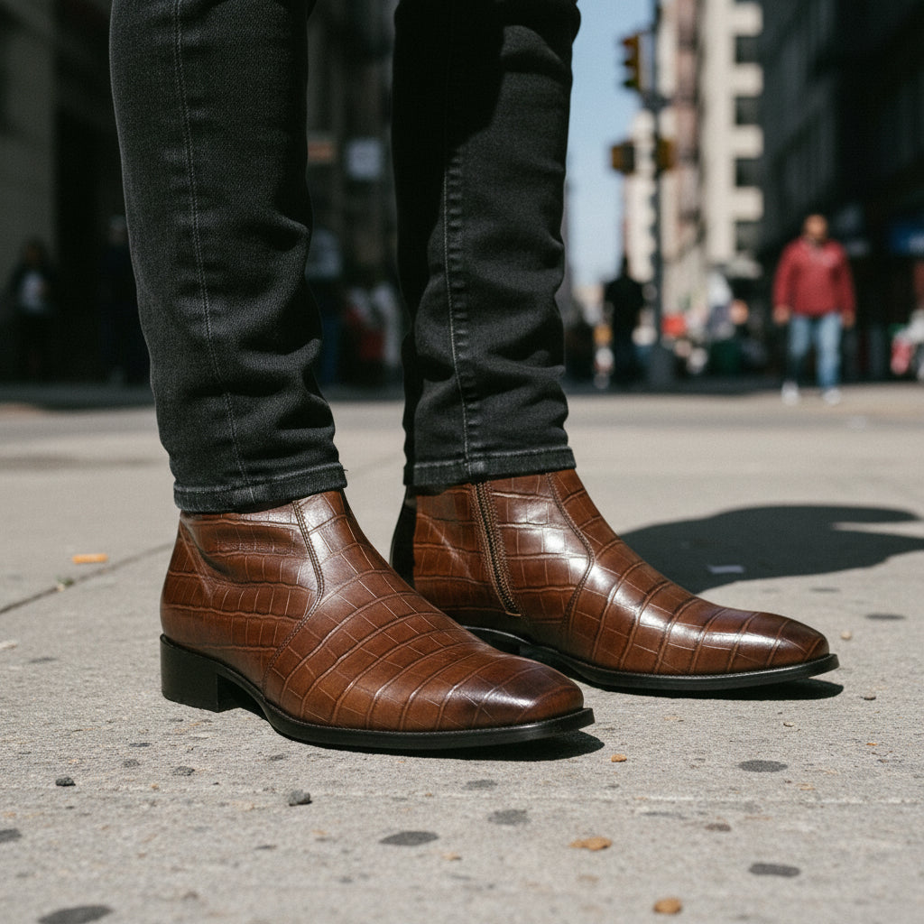 model-standing - Men's Black Leather Ankle Boots