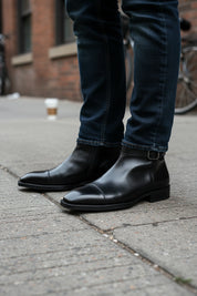 model-standing - Men's Black Leather Ankle Boots