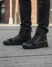 model-standing - Men's Black Leather Biker Boots