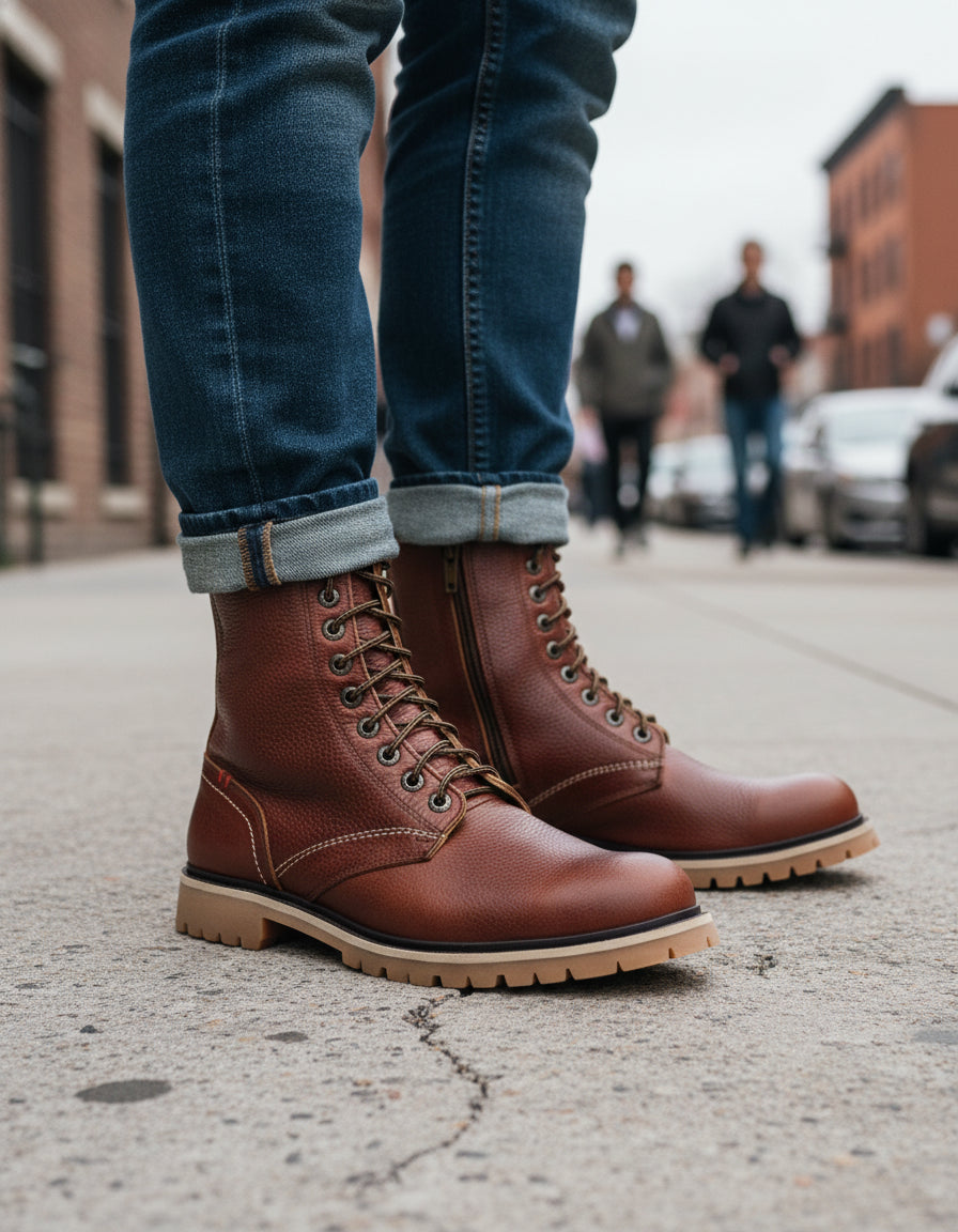 model-standing - Men's Black Leather Biker Boots