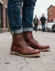 model-standing - Men's Black Leather Biker Boots