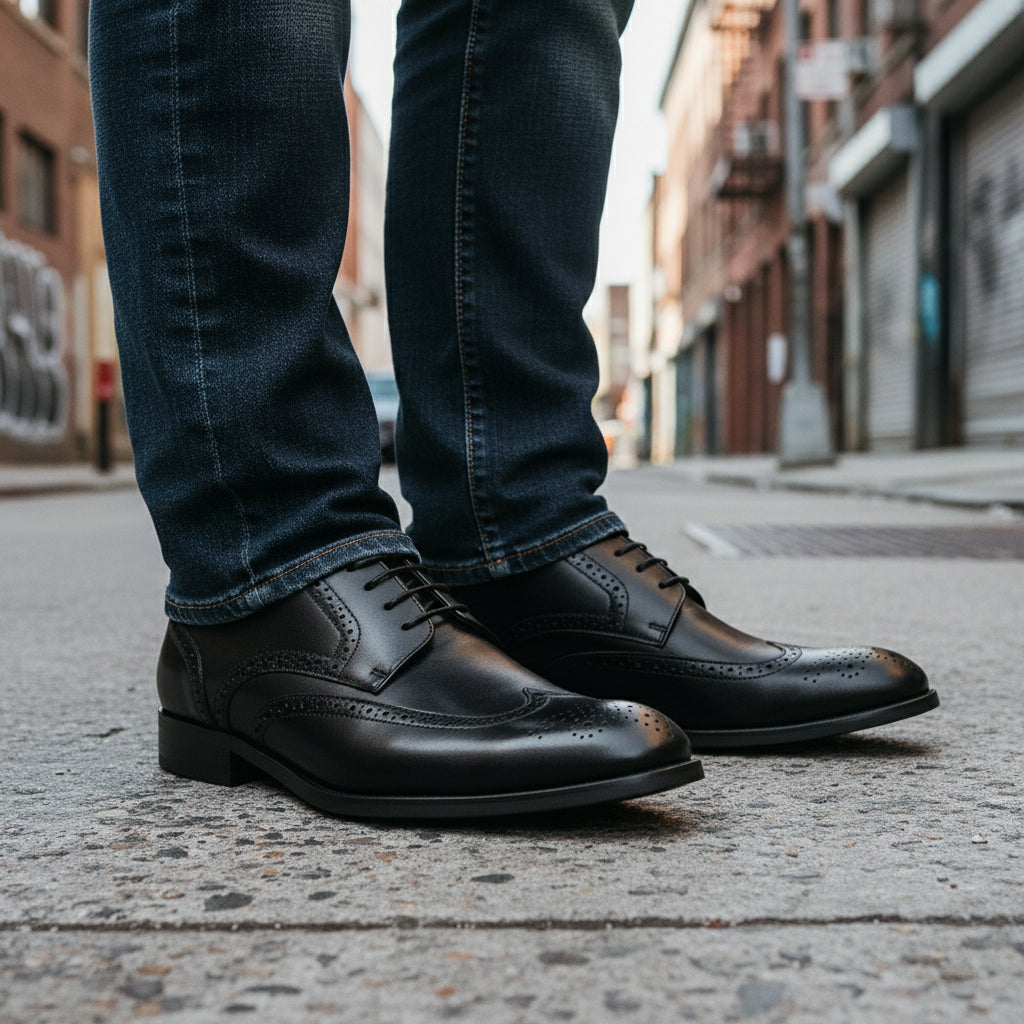 model-standing - Men's Black Leather Brogue Dress Shoes
