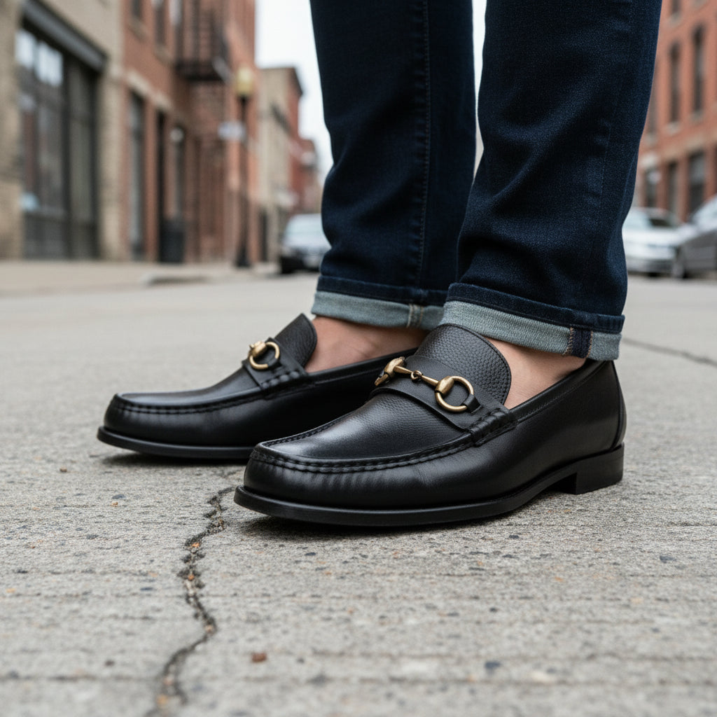 model-standing - Men's Black Leather Buckle Loafer Shoes