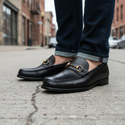 model-standing - Men's Black Leather Buckle Loafer Shoes