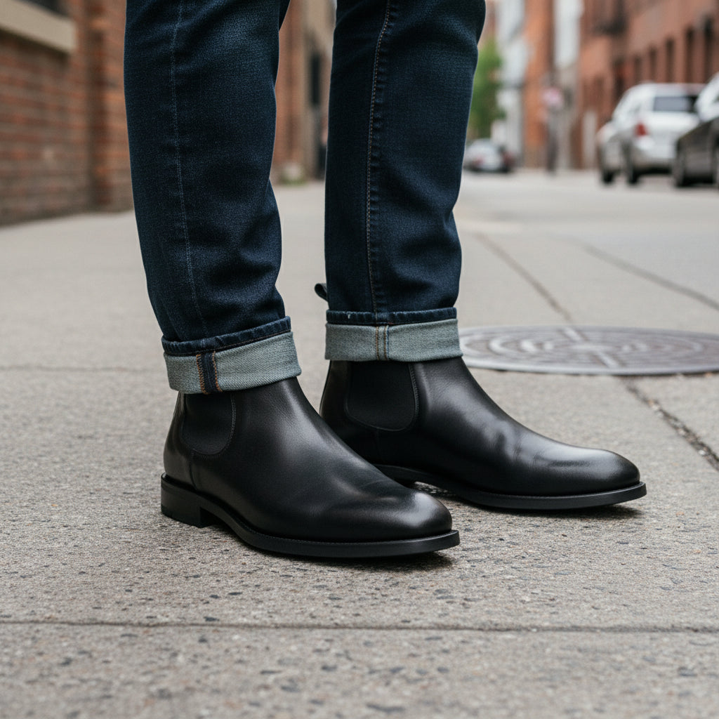 model-standing - Men's Black Leather Chelsea Boots