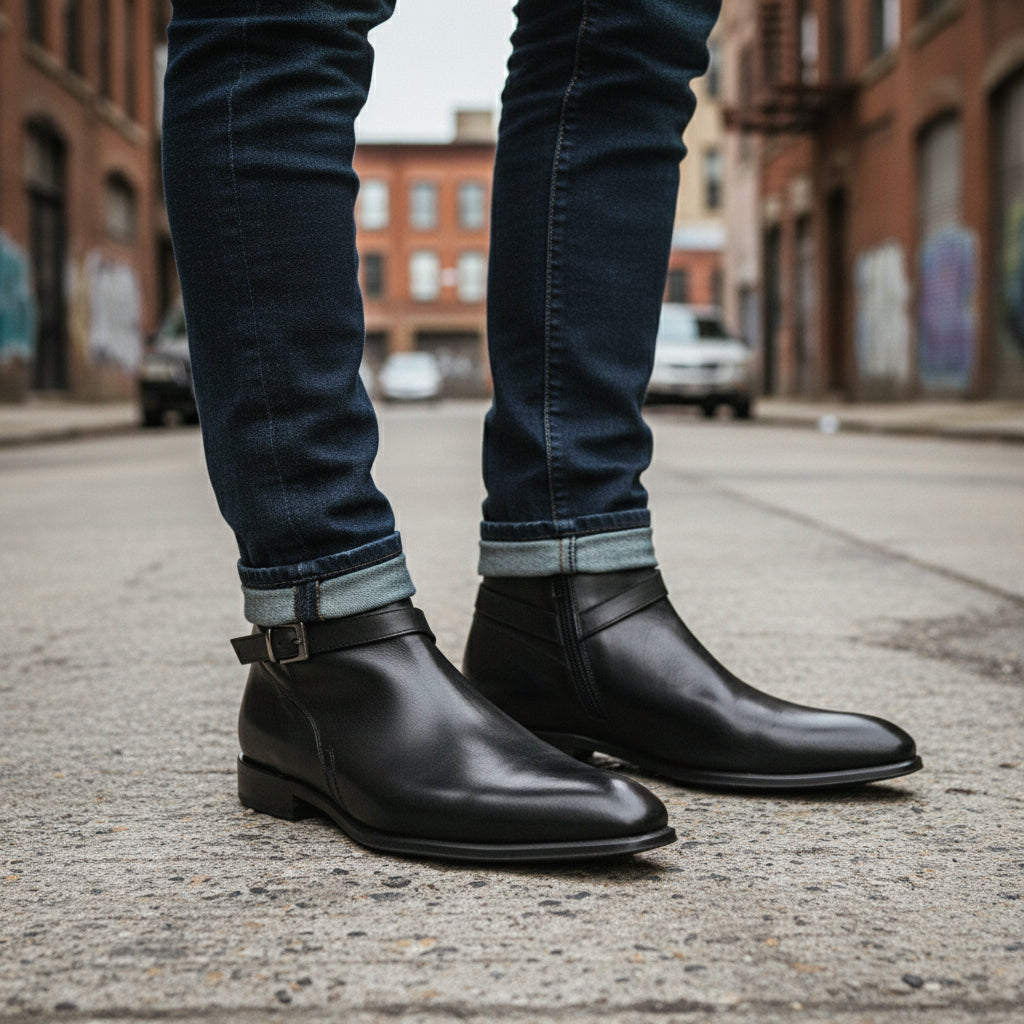 model-standing - Men's Black Leather Jodhpurs Ankle Boots
