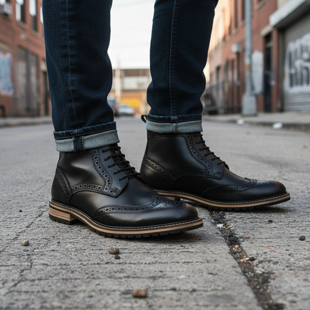 model-standing - Men's Black Leather Lace-Up Boots