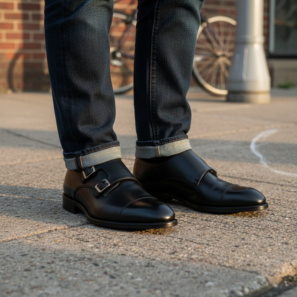 model-standing - Men's Black Leather Monk Strap Shoes