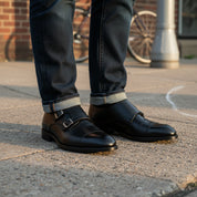 model-standing - Men's Black Leather Monk Strap Shoes