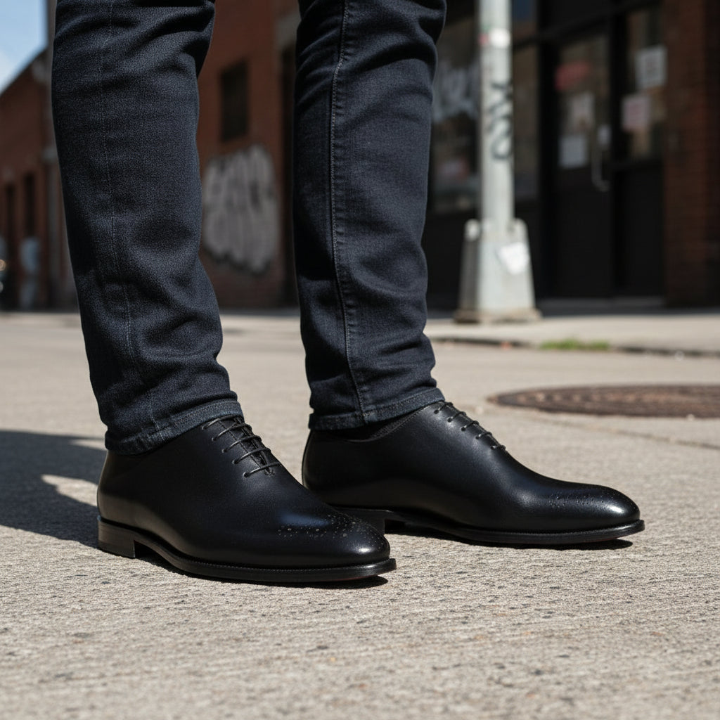 model-standing - Men's Black Leather Oxford Brogue Shoes