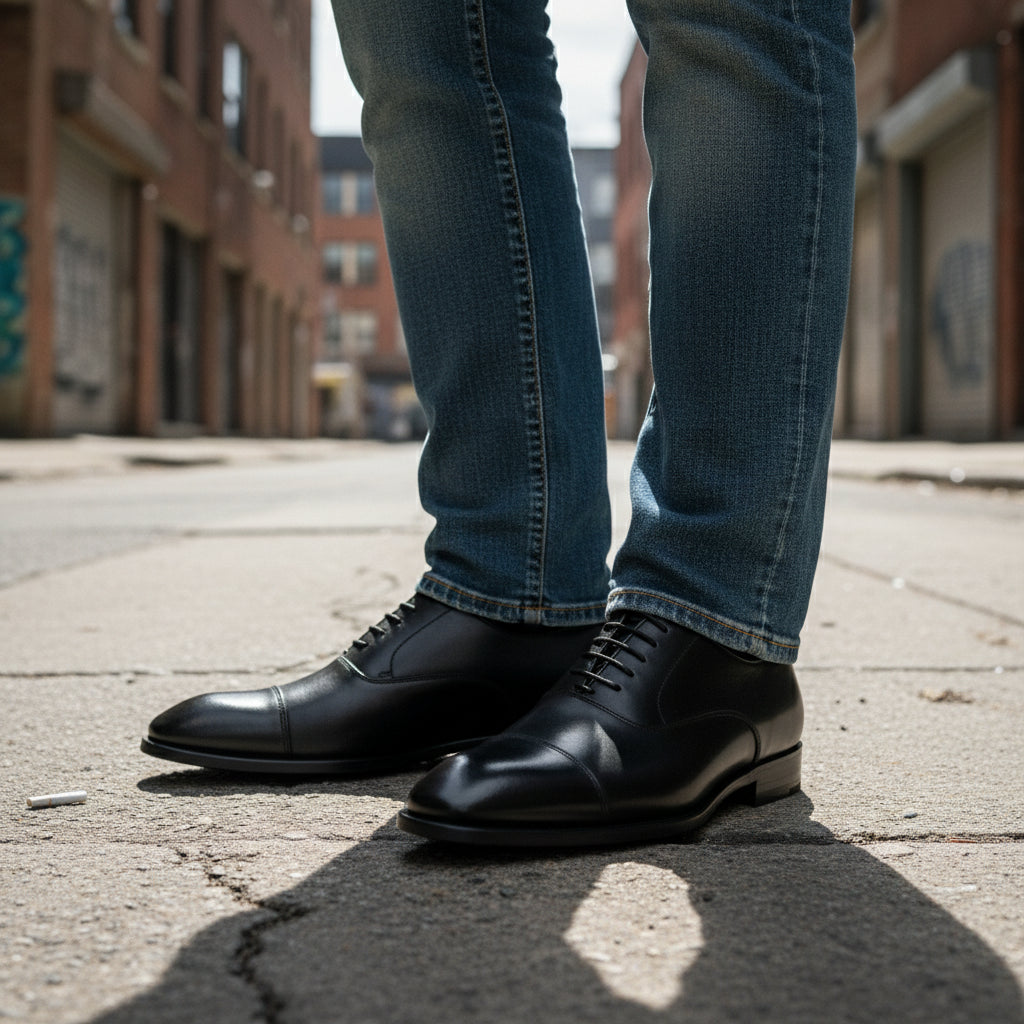 model-standing - Men's Black Leather Tuxedo Oxford Shoes