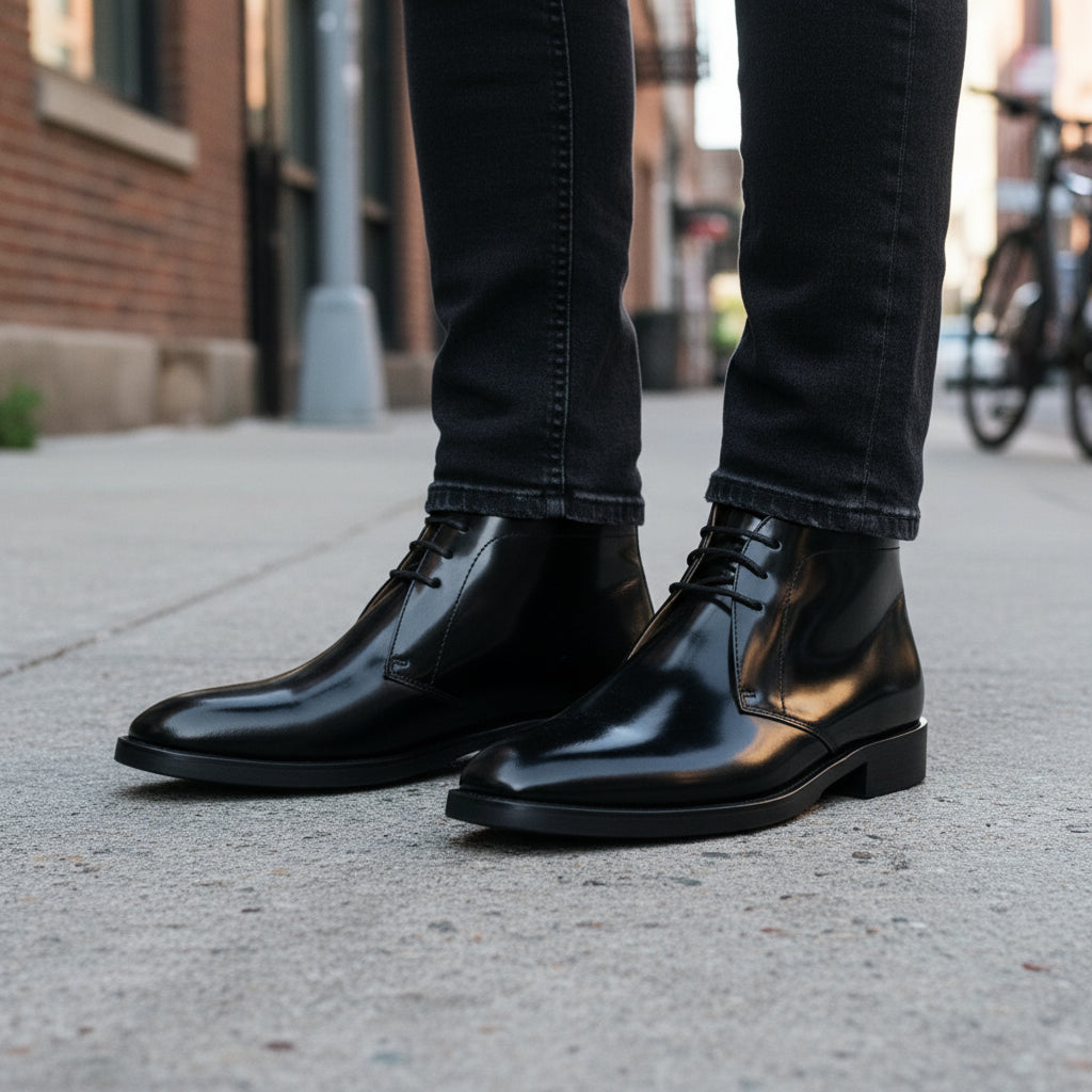 model-standing - Men's Black Patent Leather Dress Boots
