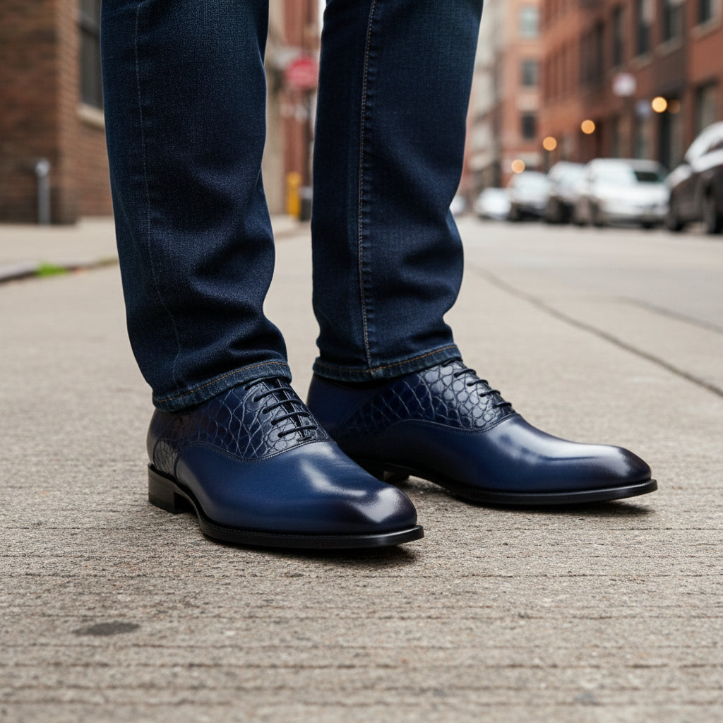 model-standing - Men's Blue Leather Lace-Up Dress Shoes