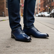 model-standing - Men's Blue Leather Lace-Up Dress Shoes