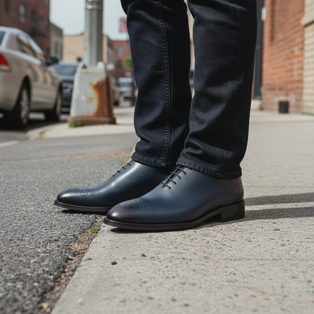 model-standing - Men's Blue Leather Oxford Dress Shoes