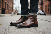 model-standing - Men's Brown Leather Ankle Boots