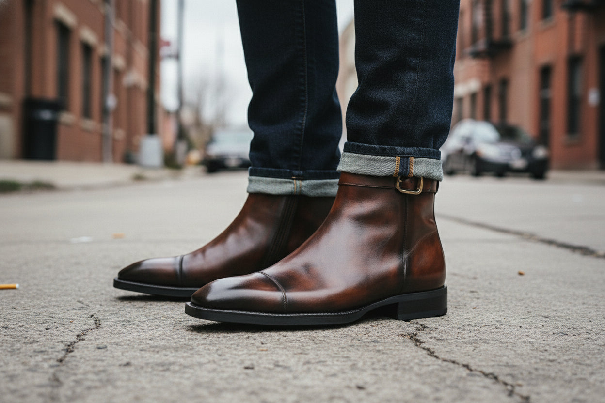 model-standing - Men's Brown Leather Ankle Boots