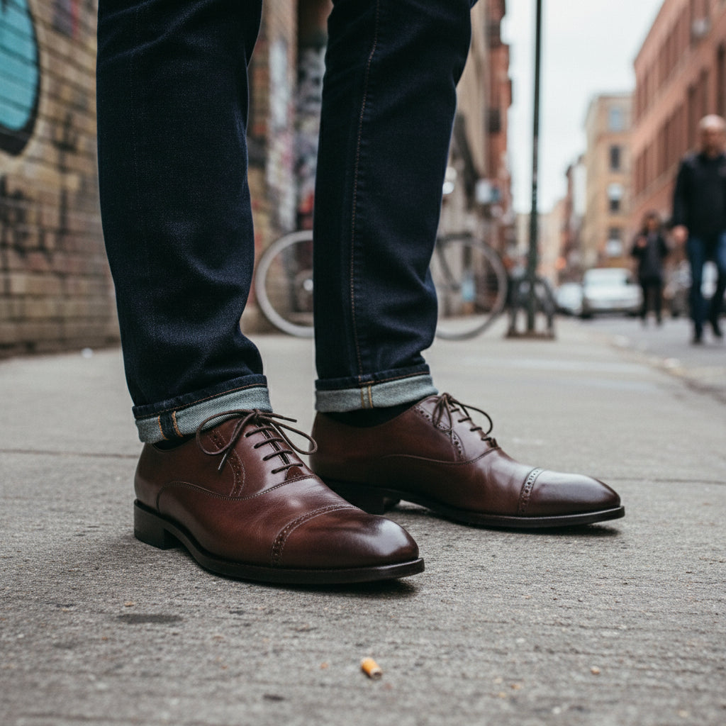 model-standing - Men's Brown Leather Cap-Toe Oxford Shoes
