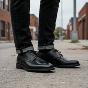 model-standing - Men's Brown Leather Derby Shoes